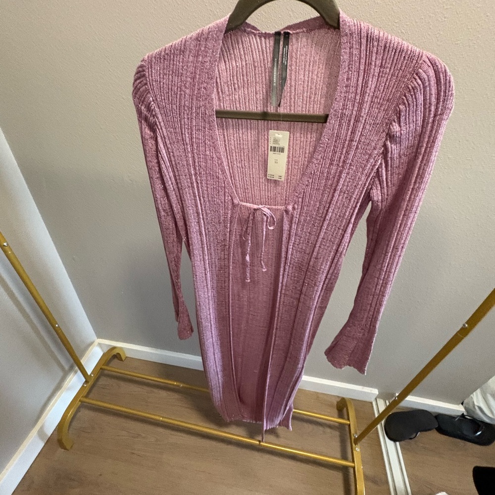 Ribbed Knit Long Sleeve Pink Maxi DUSTER - Picture 3 of 4